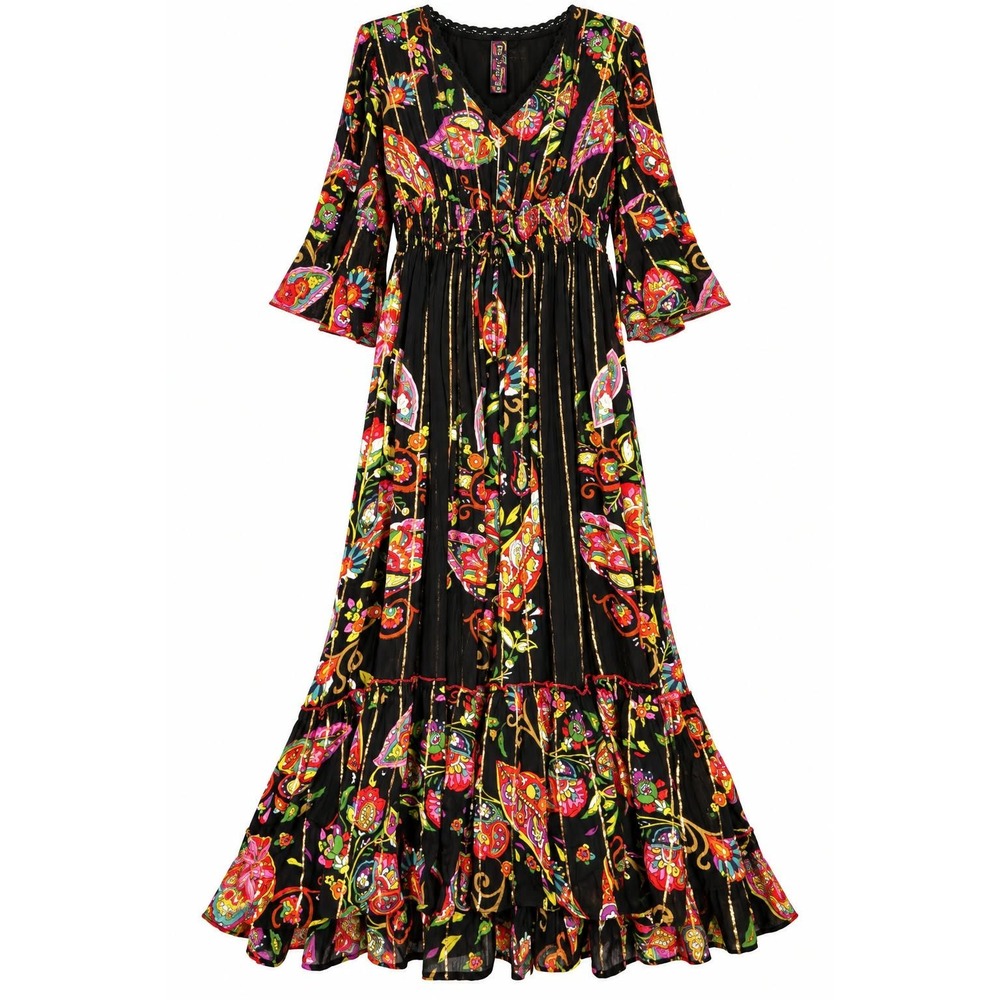 Me 2 Magic Anthropologie Boho Floral Metallic Gold Colorful Maxi Dress Medium